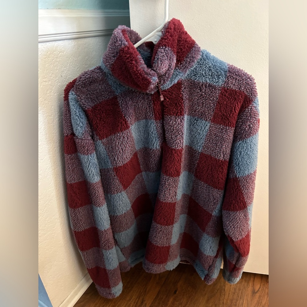Kirklands Red and Blue Checkered Turtleneck Sweater